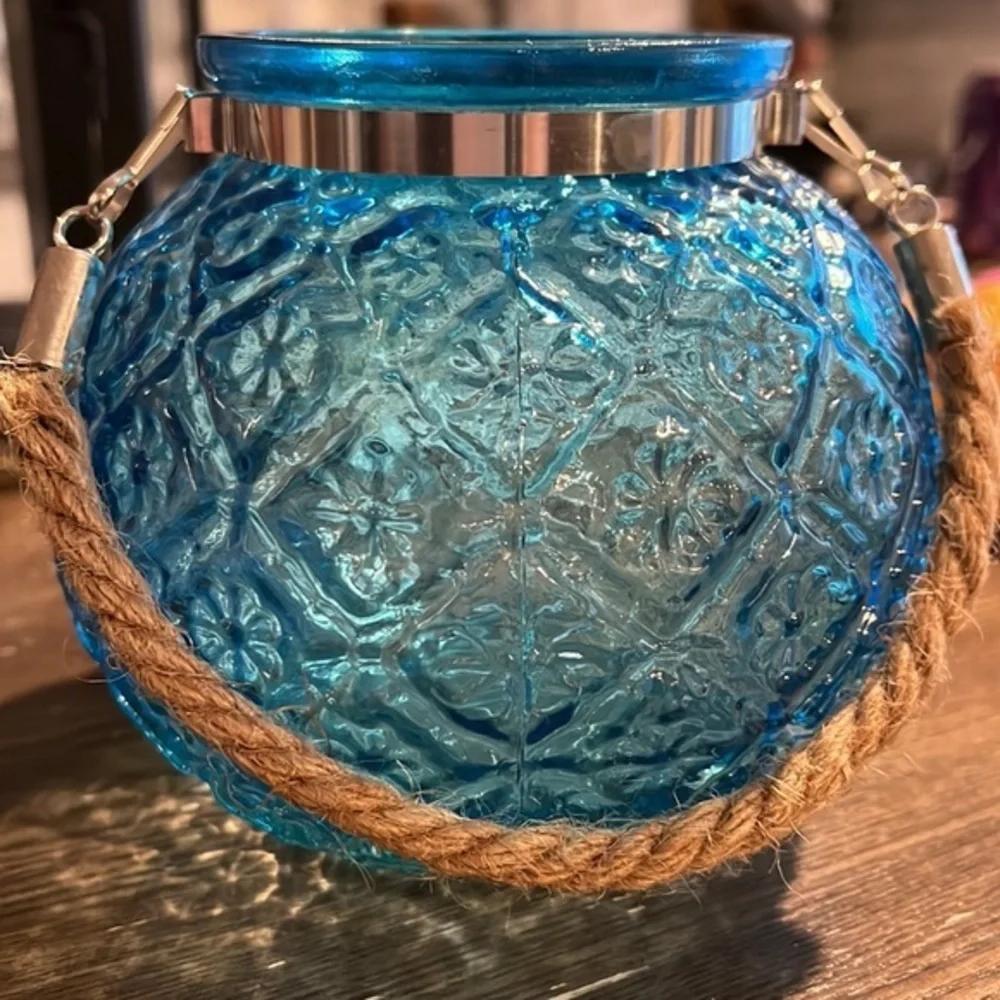 World Market Blue Glass Flower Vase with Rope Handle